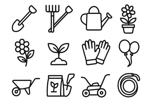Essential gardening tools and symbols: shovel, rake, watering can, plants, gloves, balloons