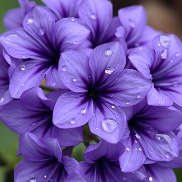 A cluster of purple flowers delicately covered in droplets of morning dew. Vivid purple petals are accented with lighter tones and darker veins, creating dramatic contrast.