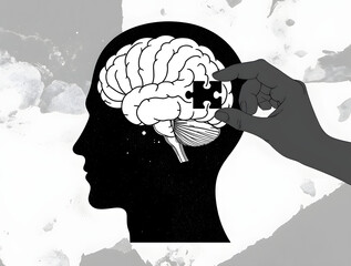 Brain Puzzle: An illustration depicting a silhouette of a head with a brain, a hand carefully placing a puzzle piece in place, symbolizing problem-solving and mental clarity.