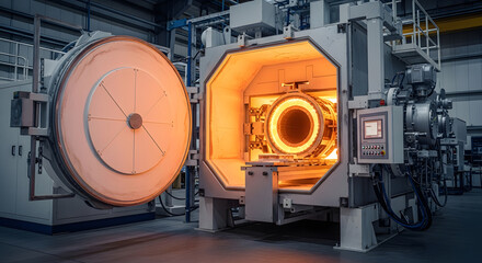 An open industrial vacuum furnace glows with intense heat in a modern factory.
