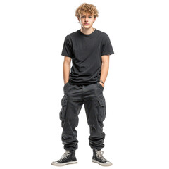 Fototapeta premium Stylish young man in black jeans and tshirt, a casual fashion portrait young