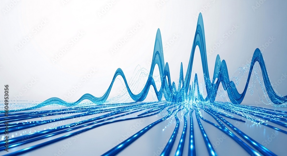 Poster abstract visualization of blue data waves and flowing lines, representing digital information, techn