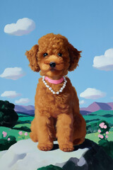 Poodle dog wearing necklace and sitting on rock in green landscape  