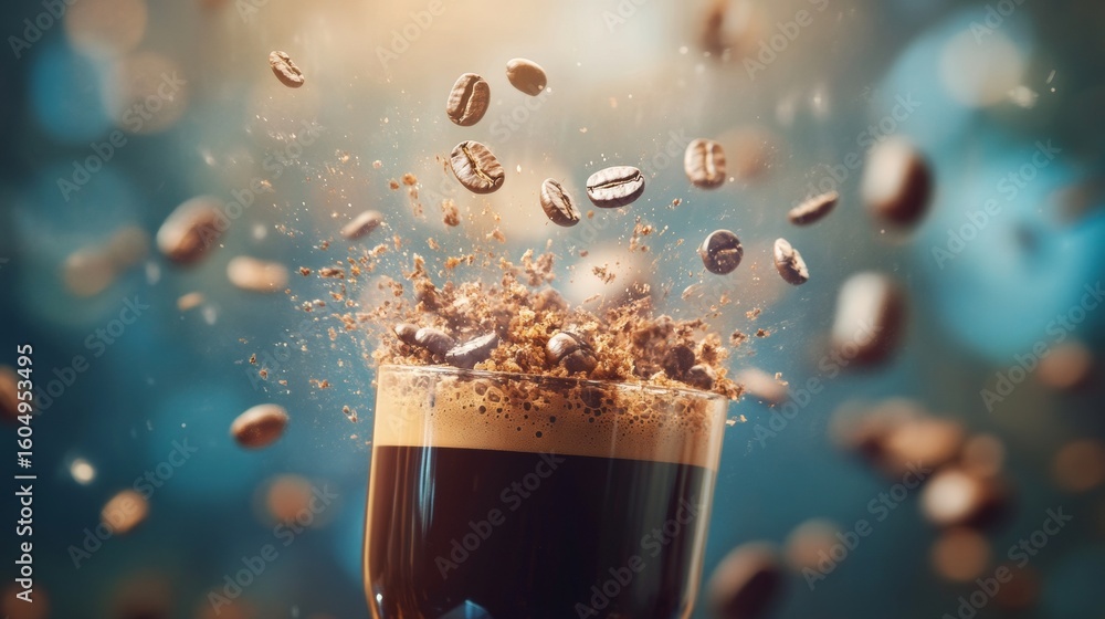 Poster coffee splash with beans floating in air for dynamic espresso beverage explosion concept image