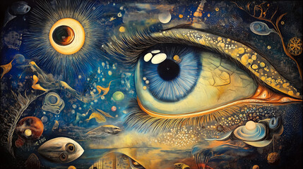 Psychedelic eye illustration surrounded by cosmic elements and colors  