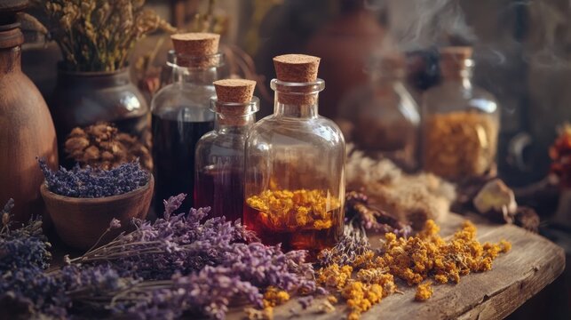 Rustic table with glass bottles of dried herbs and spices for apothecary natural wellness remedy image - Powered by Adobe