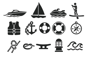 Water sports and maritime icons: boats, life jackets, anchor, compass, waves