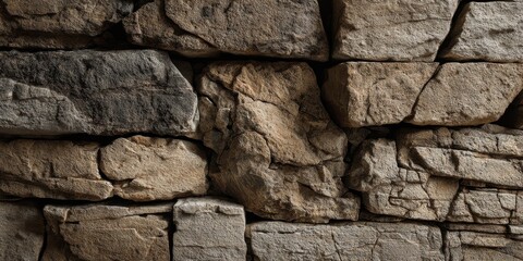 Fototapeta premium A detailed close-up of a rugged stacked stone wall, showcasing natural texture and earthy tones for a solid architectural background.
