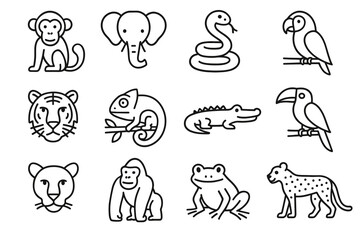 Fototapeta premium Outline drawings of jungle animals: monkey, elephant, snake, parrot, tiger, chameleon, crocodile, toucan, panther, gorilla, frog, cheetah