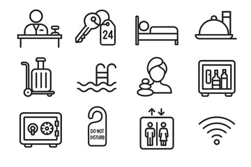 Hotel services icons: reception, room keys, bed, dining, luggage, pool, spa, minibar, safe, do not disturb, elevator, wifi