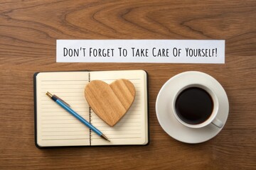 Reminder to prioritize self care with a notebook pen and coffee on a wooden desk
