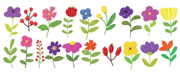 Cute hand drawn spring flower doodle set. Colorful floral vector elements with crayon, chalk, sketchy style. Perfect for kids design, spring clipart, invitations, stickers, cards, and textile prints. 