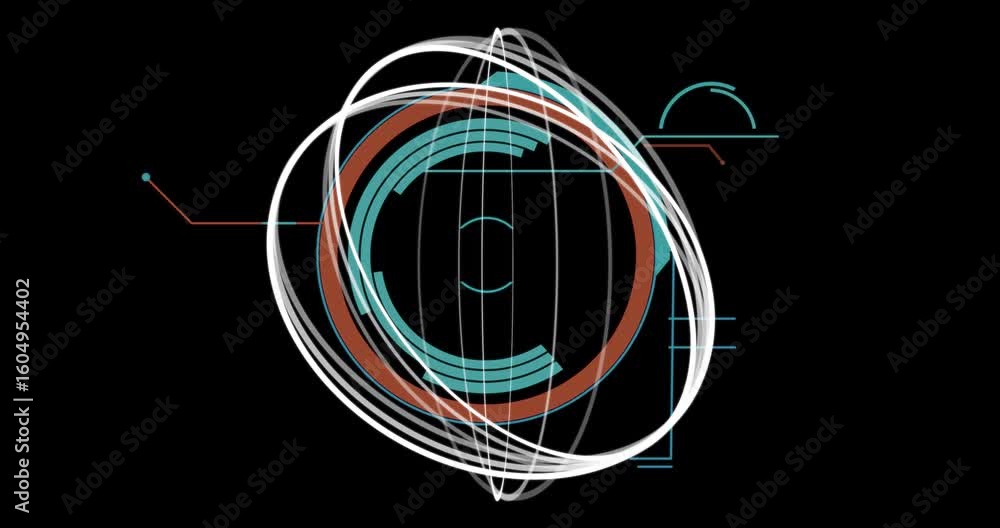 Aufkleber on start strokes sweeping and rotating wireframe orb and teal disc pulsing showing data connections
