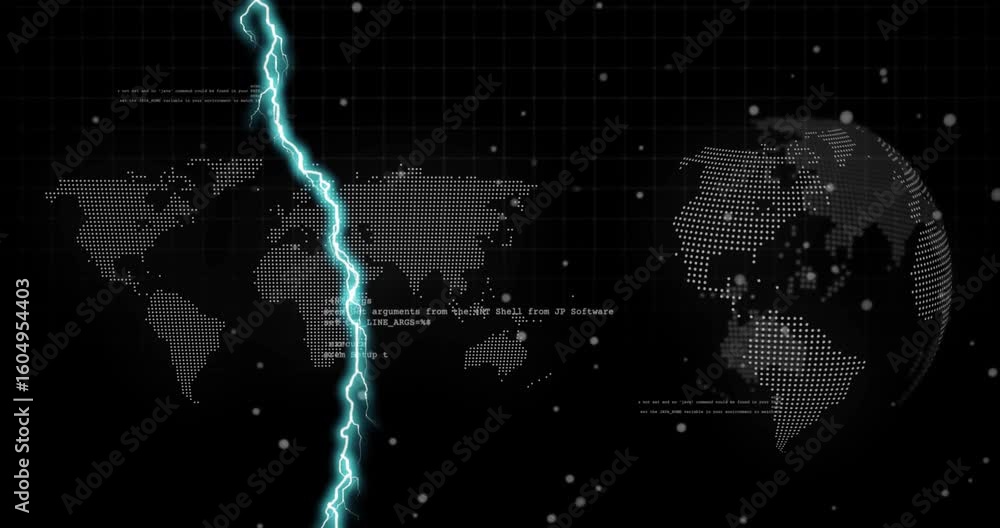 Aufkleber bright cyan bolts slicing map and globe then crossing revealing code with particles appearing