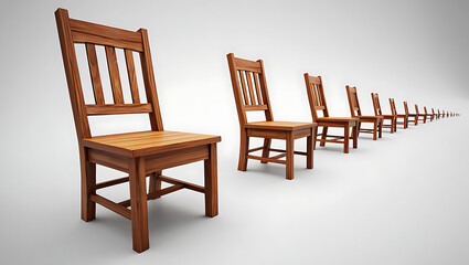 A line of classic wooden dining chairs with intricate carvings and woven seats stretching into the distance on a clean white background