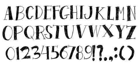 Kids Sketch Alphabet and Numbers. Hand Drawn Childlike Doodle Font Vector Set. Playful Children’s Alphabet and Numbers.