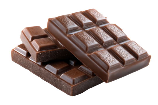 Delicious dark chocolate bar studio food photography indoor close-up. Isolated on transparent background, png.