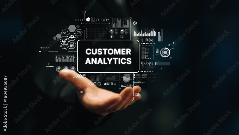 Poster hands of a businessman presenting visual data for customer analytics in a digital environment. asymp