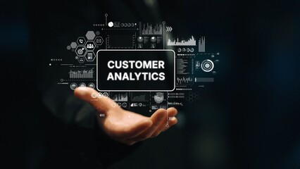 Hands of a Businessman Presenting Visual Data for Customer Analytics in a Digital Environment....