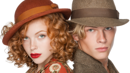 Stylish couple in hats enjoying a sunny day, portrait of outdoor fashion and summer vibes