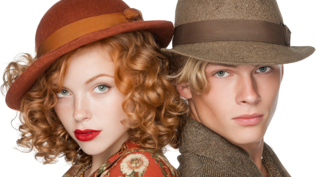 Stylish couple in hats enjoying a sunny day, portrait of outdoor fashion and summer vibes