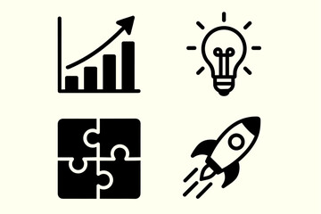 Creative business icons: growth chart, lightbulb, puzzle, rocket