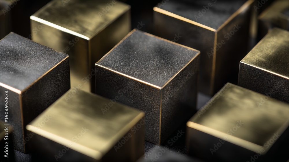 Poster black and gold metallic cubes arranged in geometric 3d abstract pattern modern design visual image