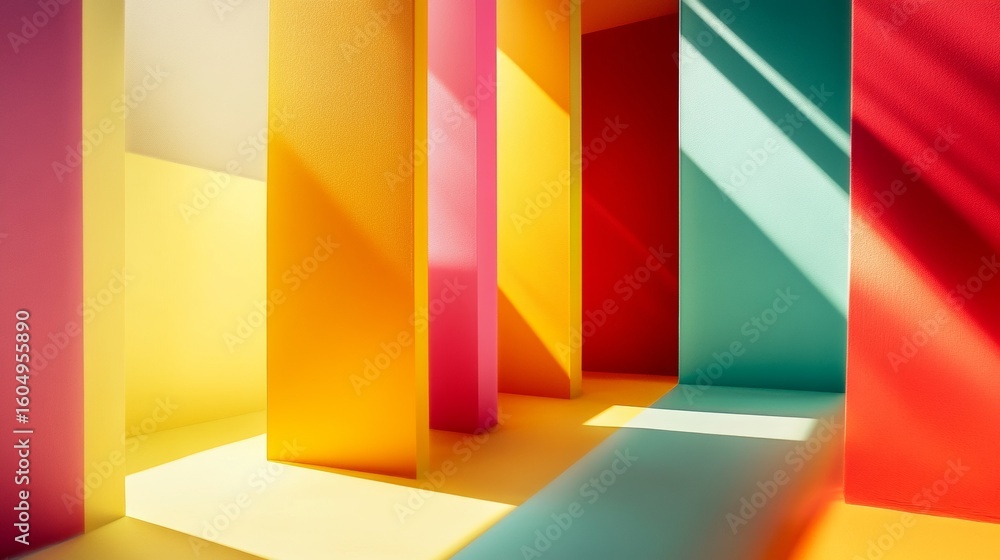 Poster colorful light beams through geometric structures in abstract installation with vivid spectrum art i