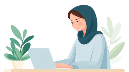 Muslim Woman Coding on a Laptop in a Modern Workspace Surrounded by Indoor Plants