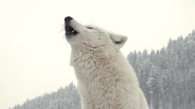 howling polar wolf against forest background slow motion