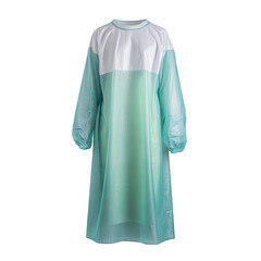Light teal disposable lab/medical gown.  Long sleeves,  loose fit.  White crew neck