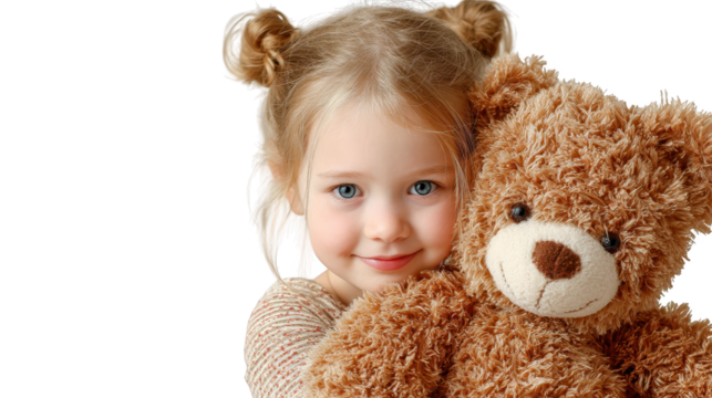 Heartwarming embrace, little girl finds comfort and joy in cuddling her beloved teddy bear
