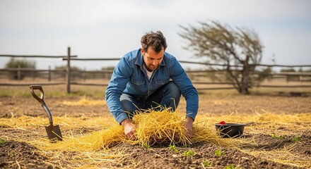 Man Covering Newly Planted Seeds with Straw for Protection