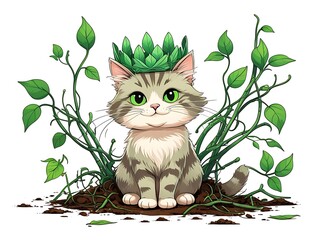 Cute cat in plant crown with garden.