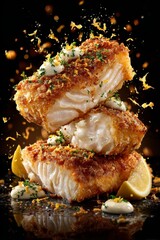 Stack of fried cod fillet, beer-battered fish treat, topped with creamy sauce, garnished with lemon wedges. Concept of fried cod fillet, showcasing delicious seafood presentation.