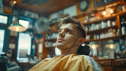 Young man enjoying a haircut at a vintage barbershop in the afternoon light