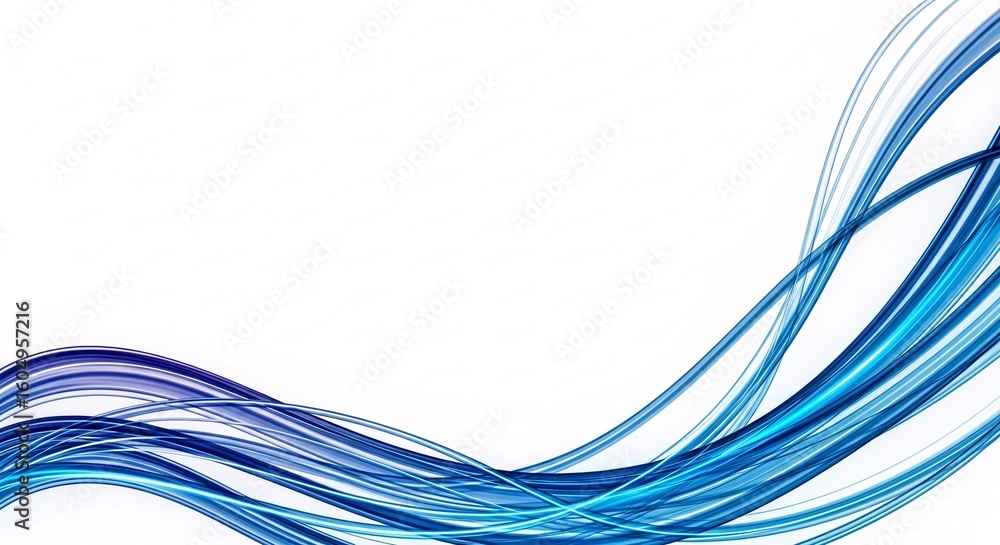 Poster abstract flowing blue and purple gradient lines creating a dynamic wave pattern on a clean white bac