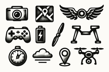 Icons representing drone technology and navigation elements in black and white