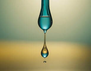 Captivating liquid drop suspended, showcasing science and purity with vibrant teal and gold hues