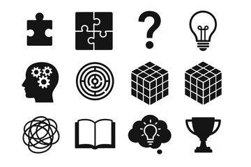 Puzzle icons set featuring brain teaser elements, lightbulb, book, trophy, and more