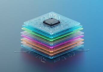 Stacked colorful microchip boards with a central processor, representing layered technology and data processing
