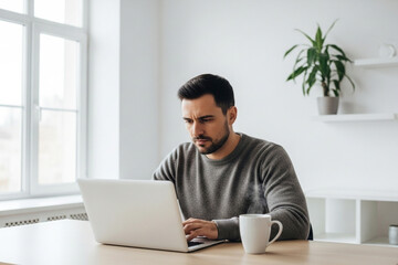 Man working from home at clean desk