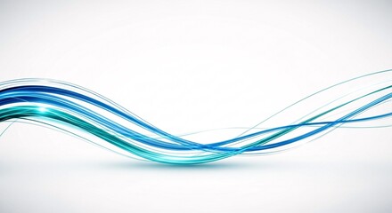 Abstract blue and green wavy lines with light effects on a white background, representing flow and modern technology.