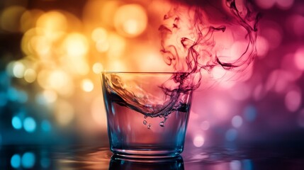 Glass of colorful liquid with swirling smoke effect on dark vibrant background of light and shadow