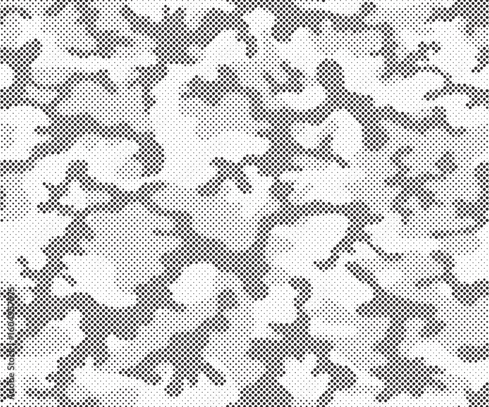 Poster abstract halftone seamless camouflage pattern. repeating digital dotted hexagonal camo military text