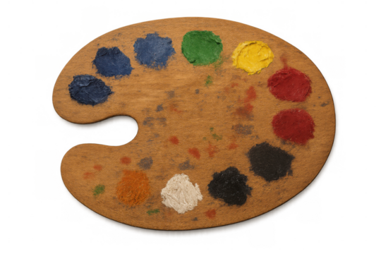 Classic wooden artist's palette with colorful oil paints, showing creative process and artistic expression