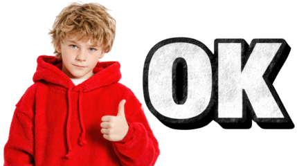 Young boy in red hoodie pointing at viewer, a striking portrait young
