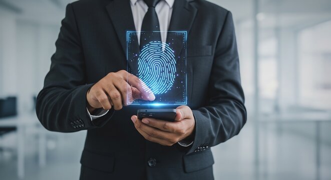 Futuristic Biometric Authentication: Businessman's Fingerprint Scan on Smartphone
