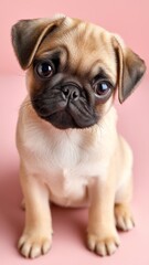 Fototapeta premium Small Pug Puppy with Curious Expression Sitting Against Soft Pink Background
