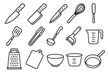 Fototapeta premium Set of kitchen utensils: knives, whisk, spatula, and measuring tools